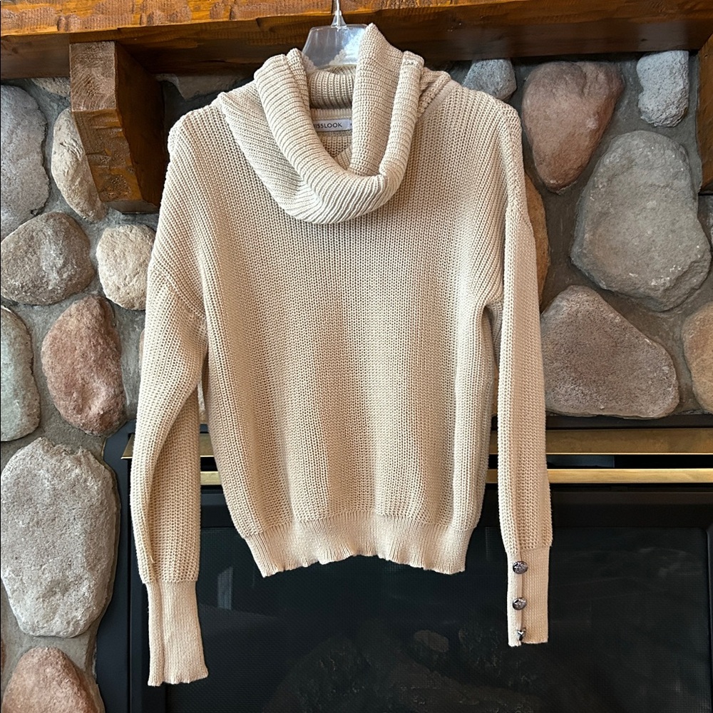 MISSLOOK Women's Beige Knit Button Cuffs Cowl Neck Sweater, Size S